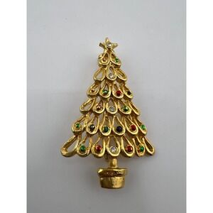 Vintage Multi Crystal‎ Gold Tone Christmas Tree Brooch Pin 90s Classic